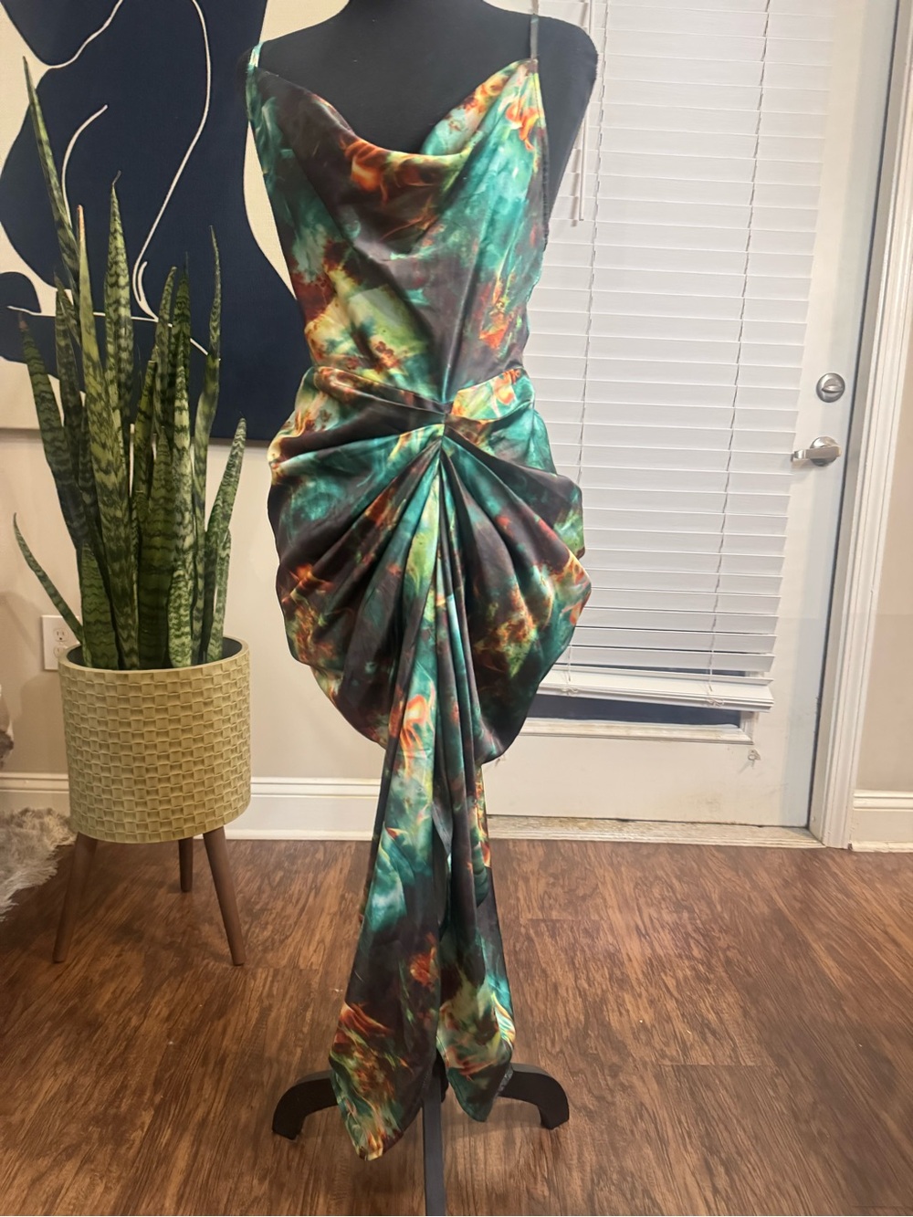 PrettyLittleThing Teal Green & Orange Asymmetrical Draped Dress